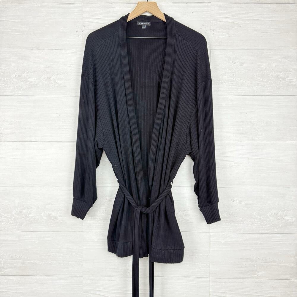 Beyond Yoga Coffee Run Ribbed Belted Cardigan Women 2X Black Rayon Lounge‎ Cozy